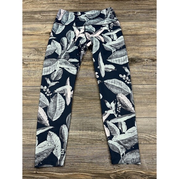 Apana Pants - Apana Cropped Leggings Blue‎ Green Leaf Print Capri's Sz Small Gym Athleisure
